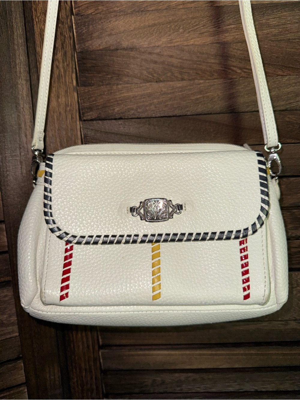 NWOT Brighton Ivory Leather Organizer Crossbody Bag Whipstitch Wallet